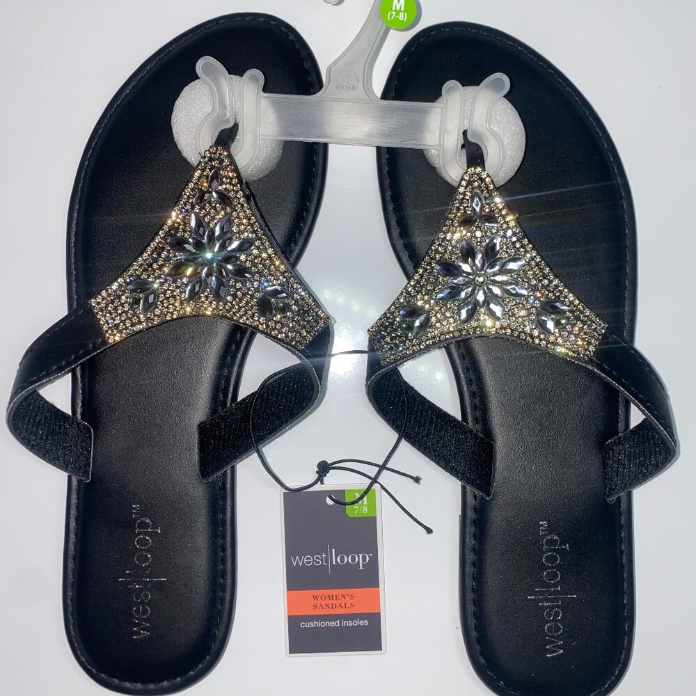 BRAND NEW Westloop Black Triangle Gem Sandals, Size 7/8